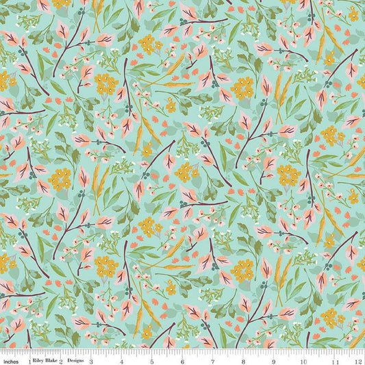 DEAL Blossom Lane Floral Branches C14001 Aqua - Riley Blake Designs - Leaves Flowers - Quilting Cotton Fabric