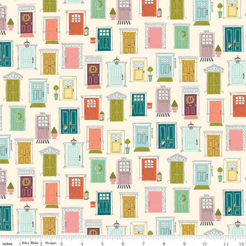Fat Quarter End of Bolt - Blossom Lane Front Doors C14002 Cream by Riley Blake Designs - Quilting Cotton Fabric