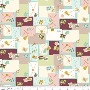 CLEARANCE Blossom Lane Posts C14003 Aqua - Riley Blake Designs - Envelopes Stamps - Quilting Cotton Fabric