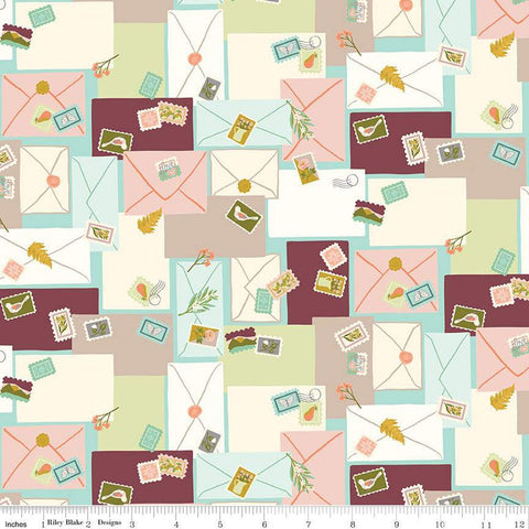 SALE Blossom Lane Posts C14003 Aqua by Riley Blake Designs - Envelopes Stamps - Quilting Cotton Fabric