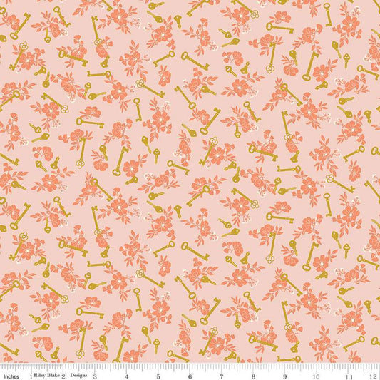 DEAL Blossom Lane Keys C14004 Blush - Riley Blake Designs - Floral Flowers Keys - Quilting Cotton Fabric