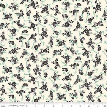 DEAL Blossom Lane Keys C14004 Cream - Riley Blake Designs - Floral Flowers Keys - Quilting Cotton Fabric