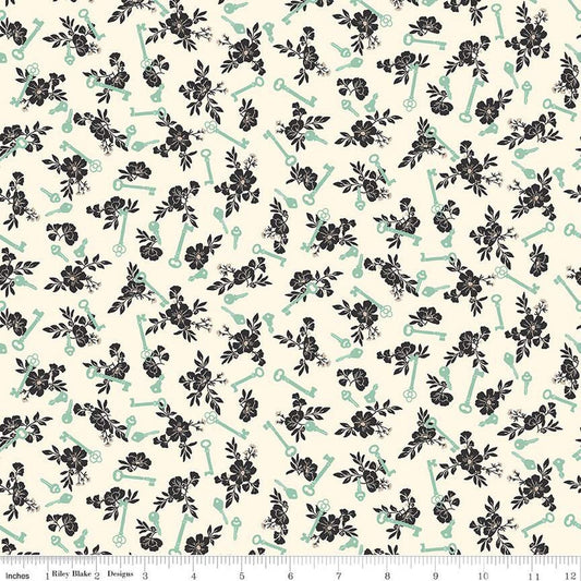 DEAL Blossom Lane Keys C14004 Cream - Riley Blake Designs - Floral Flowers Keys - Quilting Cotton Fabric