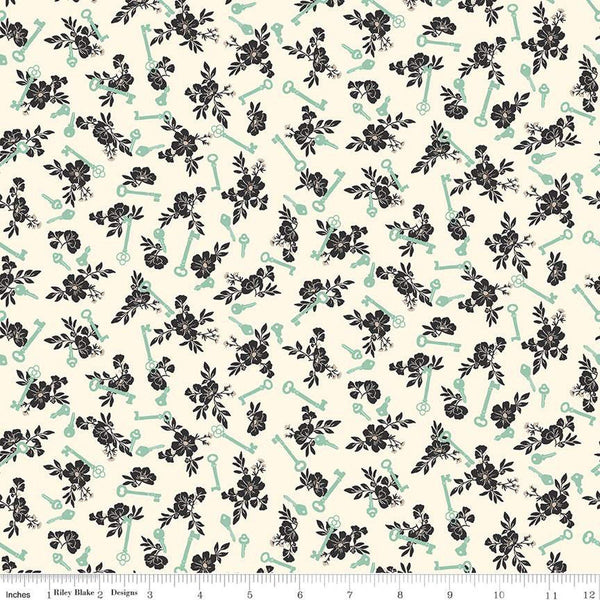 SALE Blossom Lane Keys C14004 Cream by Riley Blake Designs - Floral Flowers Keys - Quilting Cotton Fabric