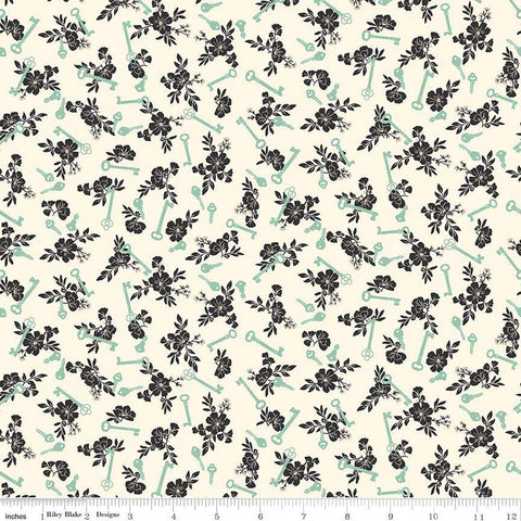 Blossom Lane Keys C14004 Cream by Riley Blake Designs - Floral Flowers Keys - Quilting Cotton Fabric