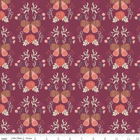 CLEARANCE Sweetbriar Moth Damask C14021 Wine by Riley Blake Designs - Moths Mushrooms Flowers - Quilting Cotton Fabric