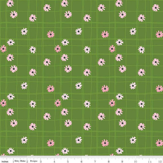 DEAL Flour & Flower C14014 Flower Grid Green - Riley Blake Designs - Irregular Grid Flowers - Quilting Cotton Fabric
