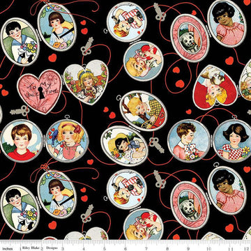 CLEARANCE All My Heart Key to My Heart CD14135 Black - Riley Blake Designs - DIGITALLY PRINTED Vintage Valentine's Day - Quilting Cotton