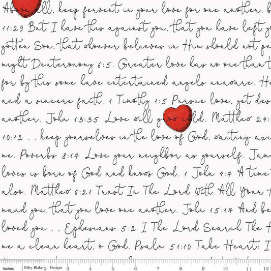 26" End of Bolt - All My Heart Love Letters C14139 White - Riley Blake Designs - Bible Text Hearts Valentine's Day - Quilting Cotton Fabric