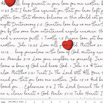 26" End of Bolt - All My Heart Love Letters C14139 White - Riley Blake Designs - Bible Text Hearts Valentine's Day - Quilting Cotton Fabric