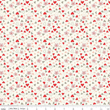 13" End of Bolt - I Love Us Scattered Hearts C13964 Cream by Riley Blake - Valentine's Day Valentine Hearts Daisies - Quilting Cotton Fabric