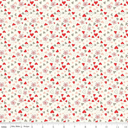 13" End of Bolt - I Love Us Scattered Hearts C13964 Cream by Riley Blake - Valentine's Day Valentine Hearts Daisies - Quilting Cotton Fabric