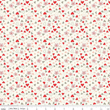 16" End of Bolt - I Love Us Scattered Hearts C13964 Cream by Riley Blake - Valentine's Day Valentine Hearts Daisies - Quilting Cotton Fabric