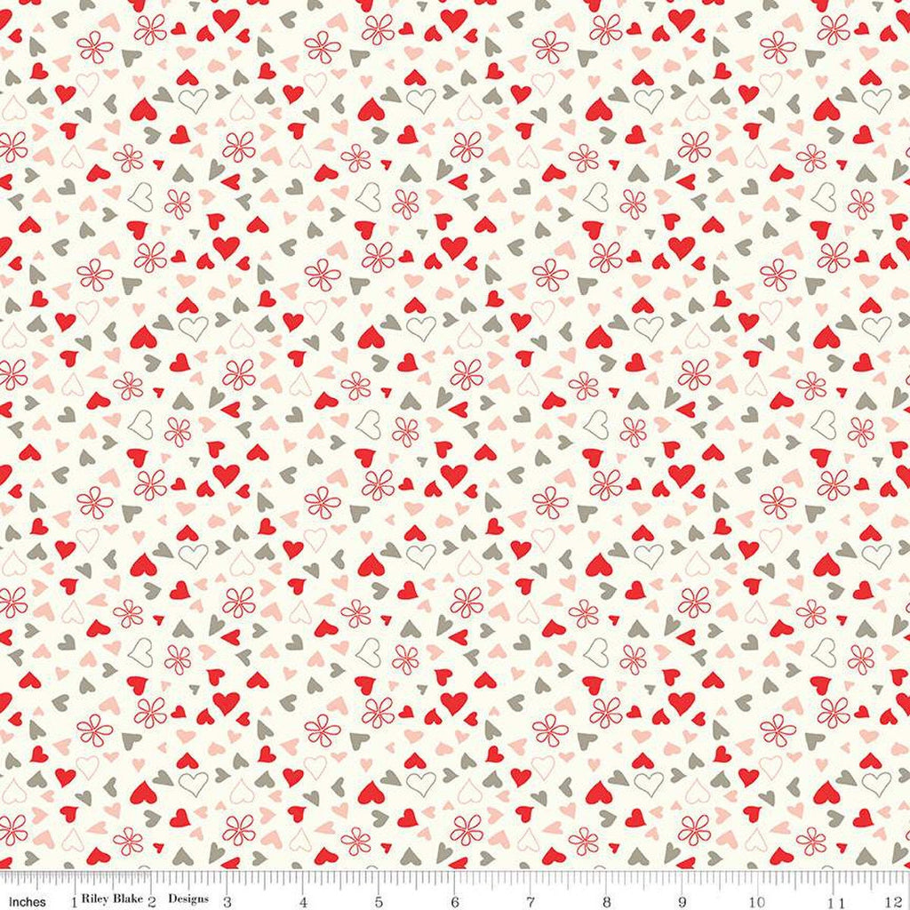 I Love Us Scattered Hearts C13964 Cream by Riley Blake Designs - Valentine's Day Valentines Hearts Daisies - Quilting Cotton Fabric