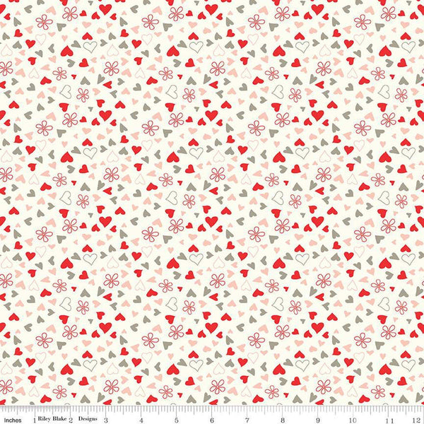 I Love Us Scattered Hearts C13964 Cream by Riley Blake Designs - Valentine's Day Valentines Hearts Daisies - Quilting Cotton Fabric