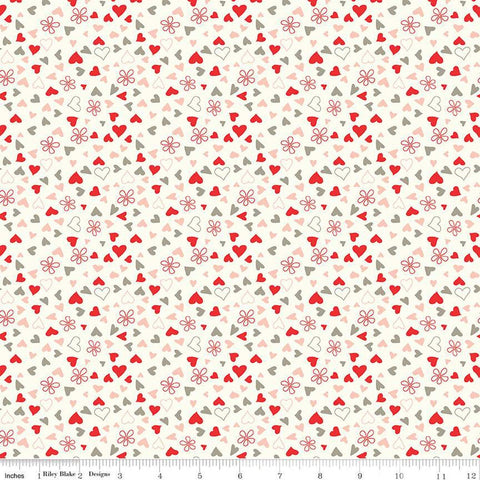 I Love Us Scattered Hearts C13964 Cream by Riley Blake Designs - Valentine's Day Valentines Hearts Daisies - Quilting Cotton Fabric