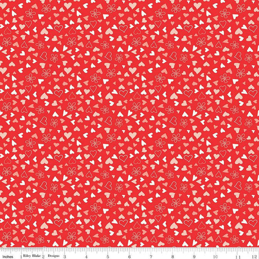 I Love Us Scattered Hearts C13964 Red by Riley Blake Designs - Valentine's Day Valentines Hearts Daisies - Quilting Cotton Fabric