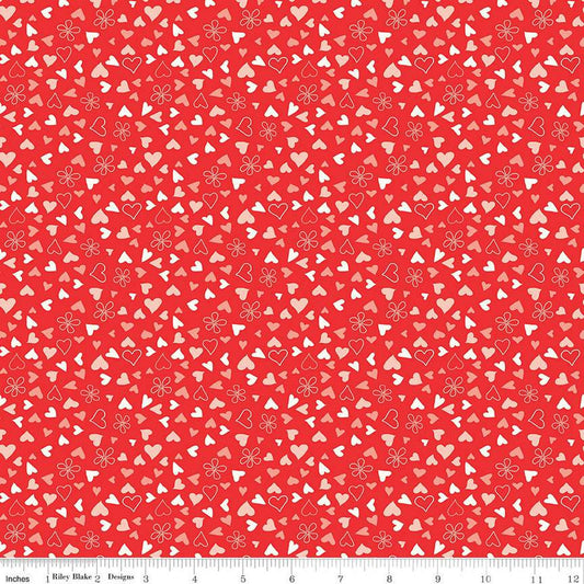 19" End of Bolt - I Love Us Scattered Hearts C13964 Red by Riley Blake - Valentine's Day Valentines Hearts Daisies - Quilting Cotton Fabric