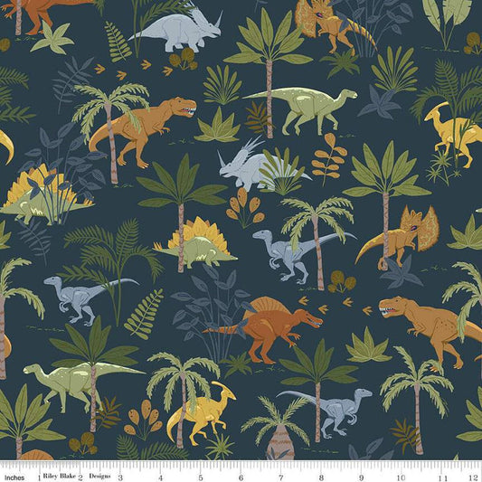 Fat Quarter End of Bolt - Cretaceous Jungle Dinos C14101 Navy by Riley Blake Designs - Dinosaurs Foliage Trees - Quilting Cotton Fabric