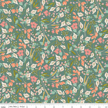 SALE Blossom Lane Floral Branches C14001 Teal - Riley Blake Designs - Leaves Flowers - Quilting Cotton Fabric