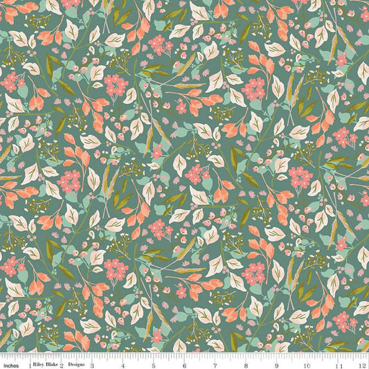 SALE Blossom Lane Floral Branches C14001 Teal - Riley Blake Designs - Leaves Flowers - Quilting Cotton Fabric