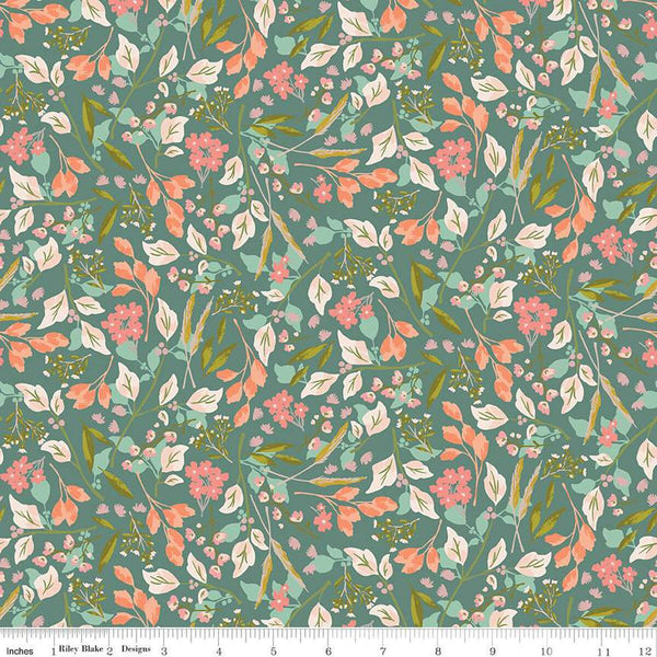 SALE Blossom Lane Floral Branches C14001 Teal by Riley Blake Designs - Leaves Flowers - Quilting Cotton Fabric