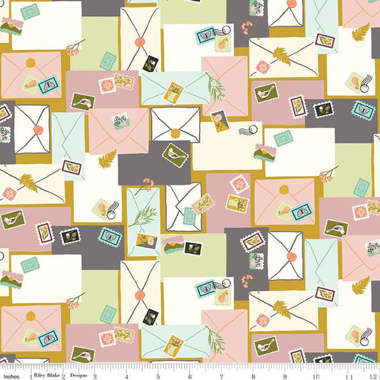CLEARANCE Blossom Lane Posts C14003 Gold - Riley Blake Designs - Envelopes Stamps - Quilting Cotton Fabric