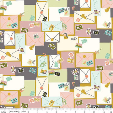 18" End of Bolt - CLEARANCE Blossom Lane Posts C14003 Gold - Riley Blake Designs - Envelopes Stamps - Quilting Cotton Fabric