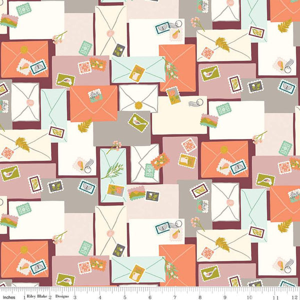 SALE Blossom Lane Posts C14003 Wine by Riley Blake Designs - Envelopes Stamps - Quilting Cotton Fabric