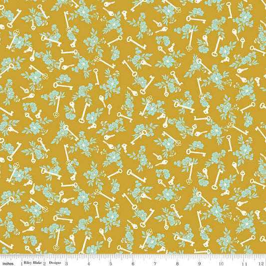 DEAL Blossom Lane Keys C14004 Gold - Riley Blake Designs - Floral Flowers Keys - Quilting Cotton Fabric