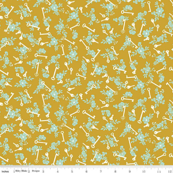 SALE Blossom Lane Keys C14004 Gold by Riley Blake Designs - Floral Flowers Keys - Quilting Cotton Fabric