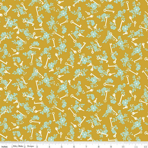 SALE Blossom Lane Keys C14004 Gold by Riley Blake Designs - Floral Flowers Keys - Quilting Cotton Fabric