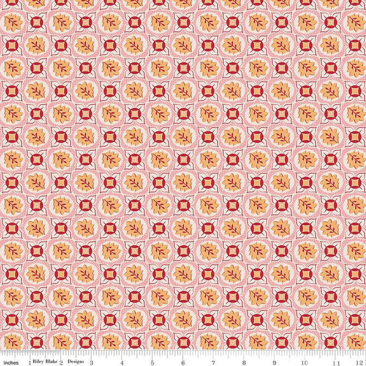 SALE Mercantile Treasure C14400 Coral - Riley Blake Designs - Lori Holt - Tiled Flowers Leaves - Quilting Cotton Fabric