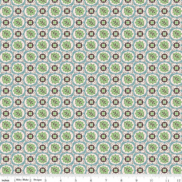 CLEARANCE Mercantile Treasure C14400 Wedgewood - Riley Blake Designs - Lori Holt - Tiled Flowers Leaves - Quilting Cotton Fabric