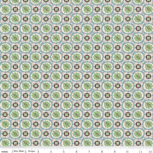 CLEARANCE Mercantile Treasure C14400 Wedgewood - Riley Blake Designs - Lori Holt - Tiled Flowers Leaves - Quilting Cotton Fabric