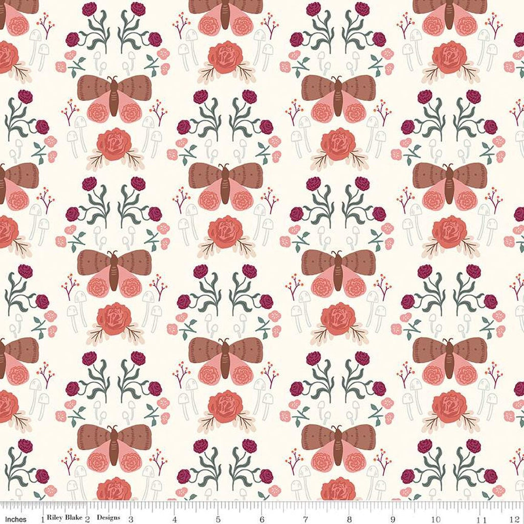 CLEARANCE Sweetbriar Moth Damask C14021 Cream by Riley Blake  - Moths Mushrooms Flowers - Quilting Cotton
