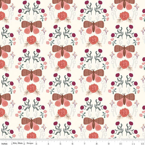Fat Quarter End of Bolt - CLEARANCE Sweetbriar Moth Damask C14021 Cream by Riley Blake  - Moths Mushrooms Flowers - Quilting Cotton