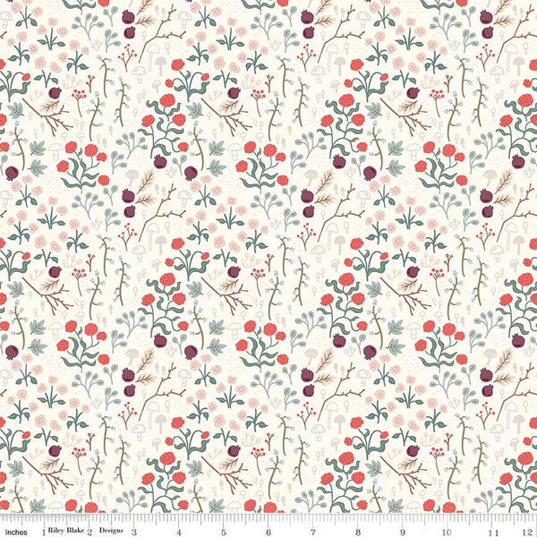 CLEARANCE Sweetbriar Fields C14022 Cream by Riley Blake  - Floral Mushrooms Flowers Leaves - Quilting Cotton