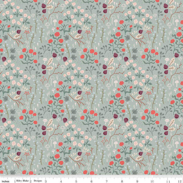 Fat Quarter End of Bolt - CLEARANCE Sweetbriar Fields C14022 Sage by Riley Blake  - Floral Mushrooms Flowers Leaves - Quilting Cotton