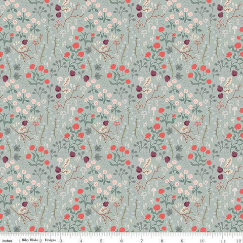 Fat Quarter End of Bolt - CLEARANCE Sweetbriar Fields C14022 Sage by Riley Blake  - Floral Mushrooms Flowers Leaves - Quilting Cotton