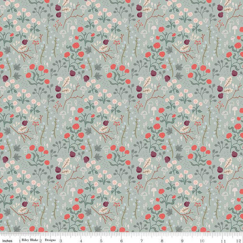 CLEARANCE Sweetbriar Fields C14022 Sage by Riley Blake  - Floral Mushrooms Flowers Leaves - Quilting Cotton