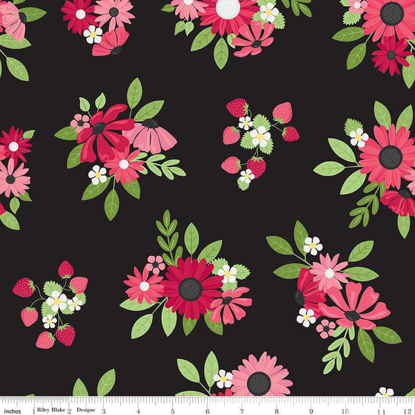 SALE Flour and Flower Main C14010 Black by Riley Blake Designs - Floral Flowers Strawberries - Quilting Cotton Fabric