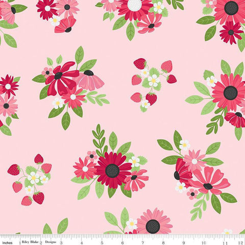 SALE Flour and Flower Main C14010 Pink by Riley Blake Designs - Floral Flowers Strawberries - Quilting Cotton Fabric