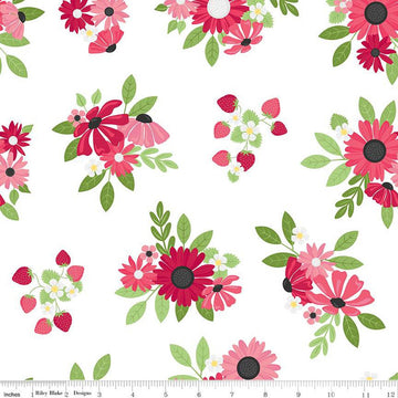 SALE Flour & Flower Main C14010 White - Riley Blake Designs - Floral Flowers Strawberries - Quilting Cotton Fabric
