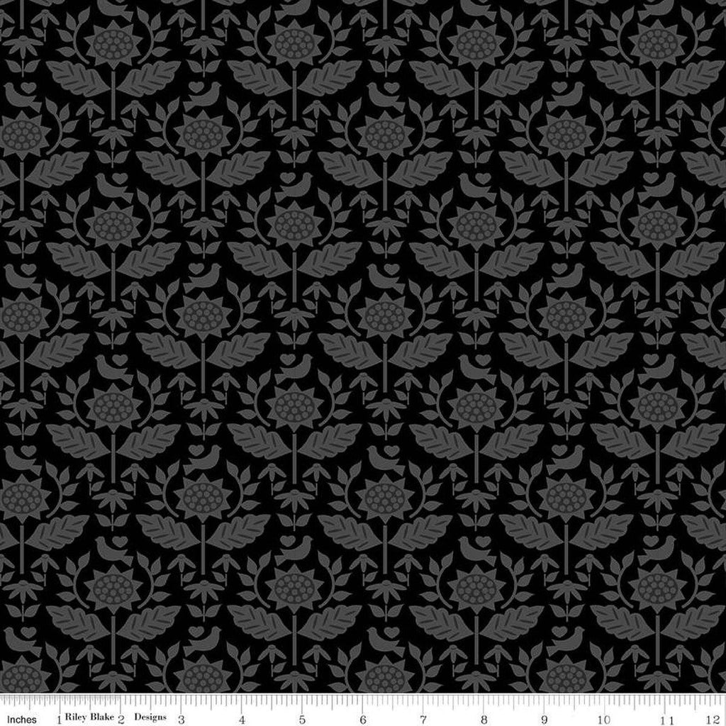 CLEARANCE Flour and Flower Wallpaper C14011 Black by Riley Blake  - Floral Flowers Damask - Quilting Cotton
