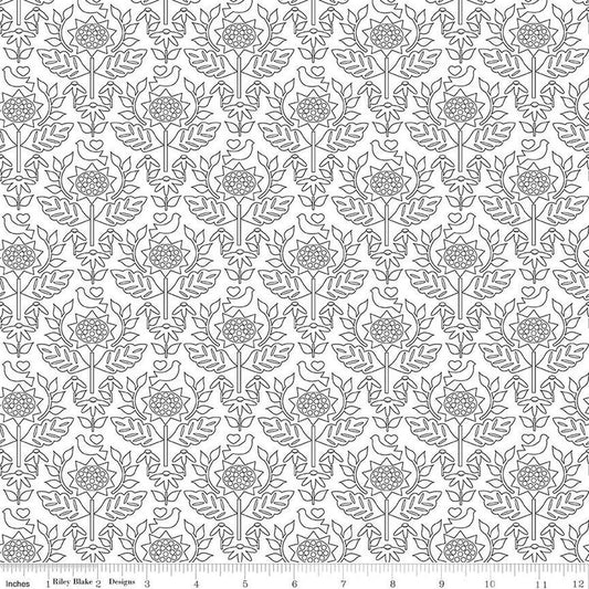 DEAL Flour & Flower Wallpaper C14011 White - Riley Blake Designs - Floral Flowers Damask - Quilting Cotton Fabric
