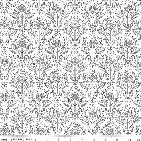 SALE Flour and Flower Wallpaper C14011 White by Riley Blake Designs - Floral Flowers Damask - Quilting Cotton Fabric