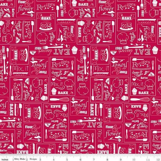 Fat Quarter End of Bolt - CLEARANCE Flour and Flower Chalkboard C14012 Berry by Riley Blake  - Baking Text Icons - Quilting Cotton