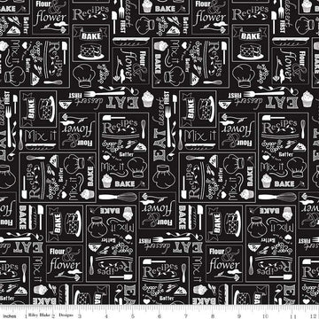 Flour & Flower Chalkboard C14012 Black - Riley Blake Designs - Baking Text Icons - Quilting Cotton Fabric