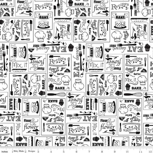 DEAL Flour & Flower Chalkboard C14012 White - Riley Blake Designs - Baking Text Icons - Quilting Cotton Fabric